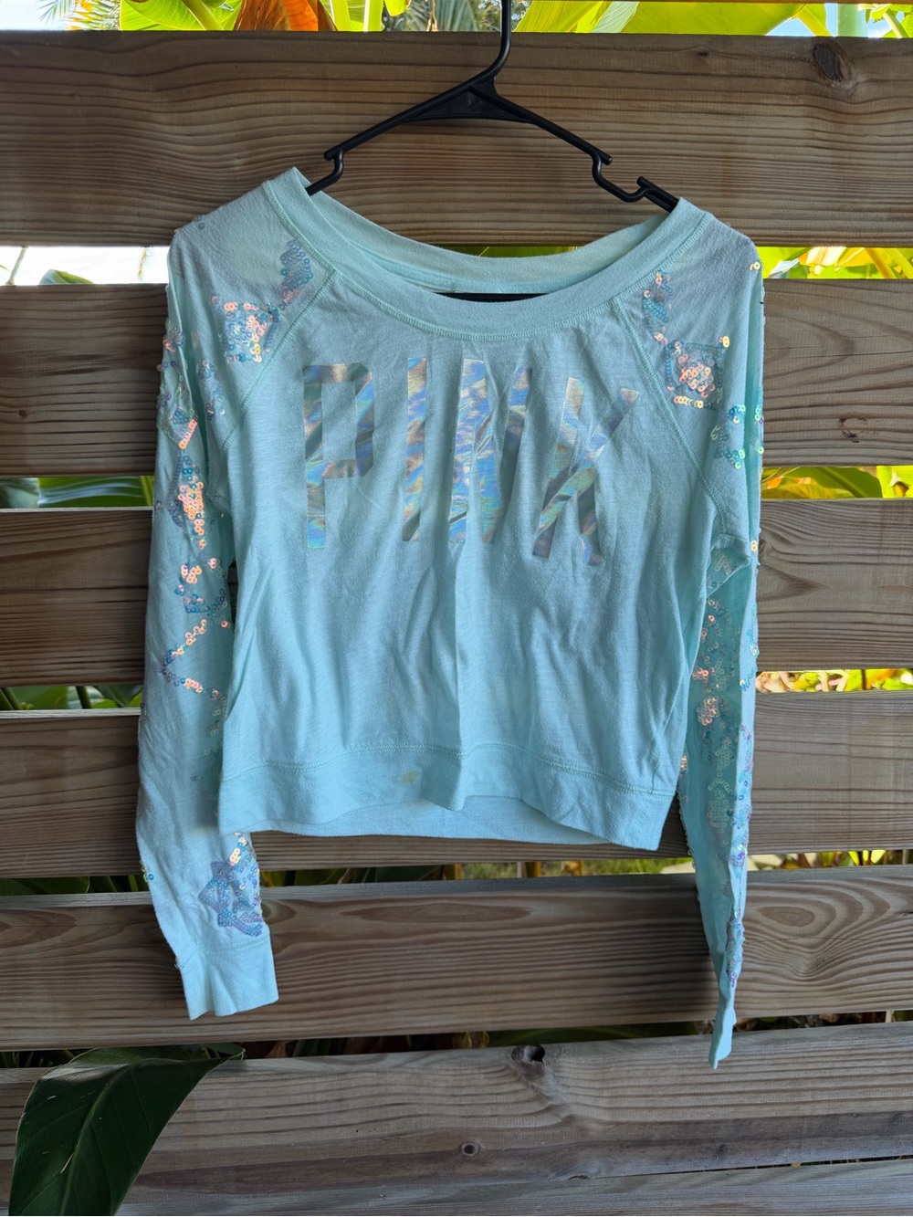 PINK Victoria's Secret Mint Sequin-Trim Cropped Sweatshirt
